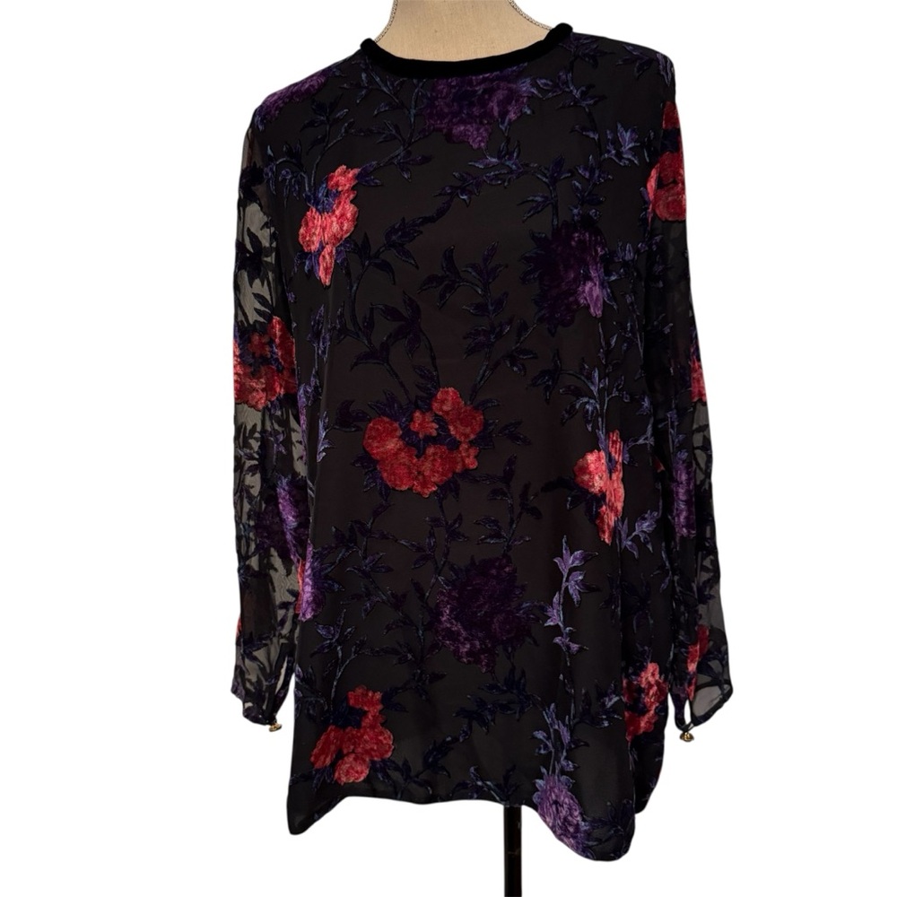 EMANUEL UNGARO TOP BLOUSE TUNIC BLACK PURPLE PINK FLORAL BURNOUT VELVET L fit*